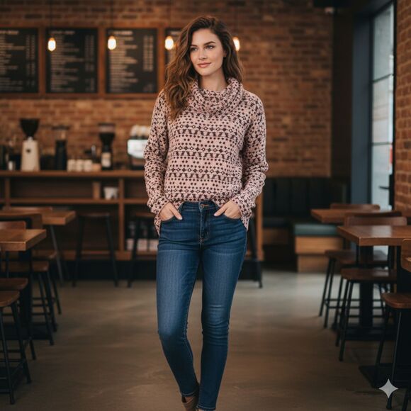 New Croft & Barrow Fuzzy Pink and Black Fair Isle Print Cozy Sweater - Picture 1 of 11